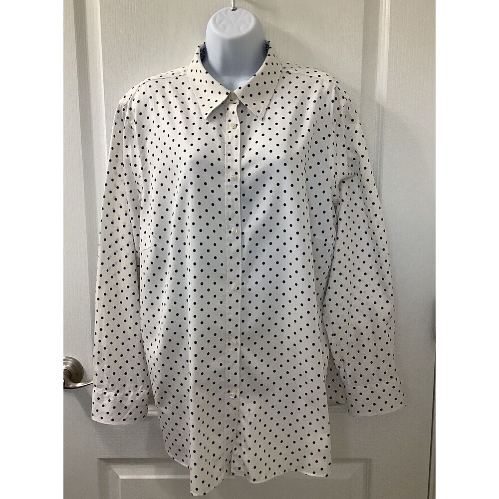 Chaps Shirt Womens 2X Button Up Flip Cuff Cotton Polka Dot Off White ***FLAW